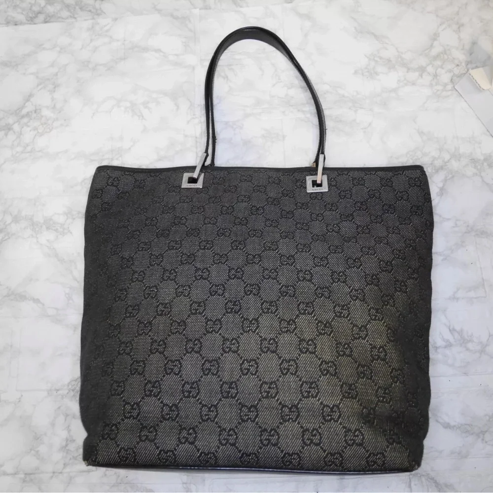 Gucci Black Denim Canvas GG Monogram Tote Bag - Picture 2 of 13